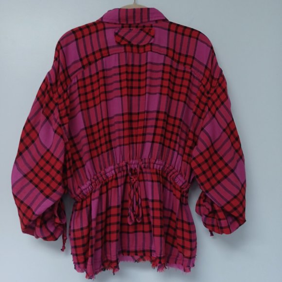 SOLD!--We The Free Pacific Dawn Pink Red Plaid Ruched Sleeve Shirt, Wool/ Small - Picture 6 of 9